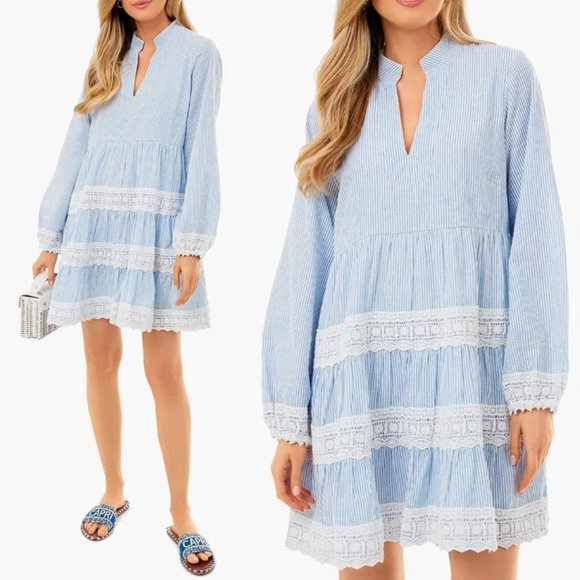 Sail to Sable Dresses & Skirts - Sail to sable charlotte dress blue stripe Seersucker crochet lace tiered tunic